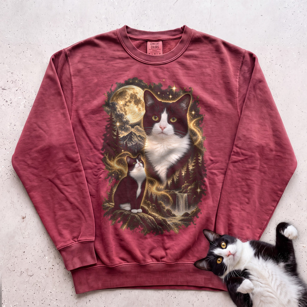 Cat Personalized Moon Sweatshirt —Custom Cat with Full Moon Graphic - Crimson