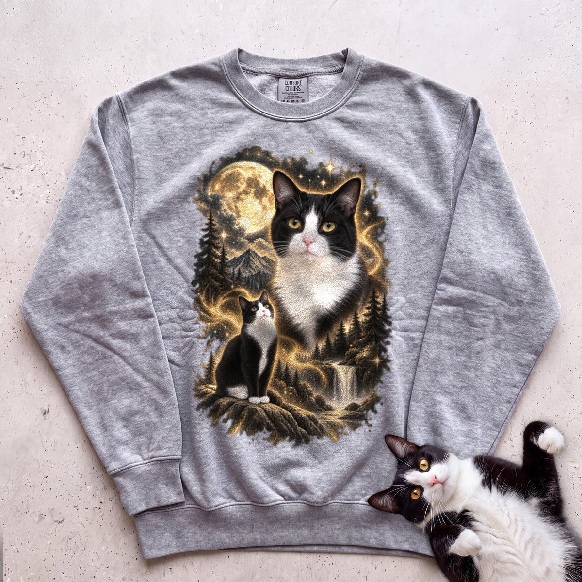 Cat Personalized Moon Sweatshirt —Custom Cat with Full Moon Graphic - Grey