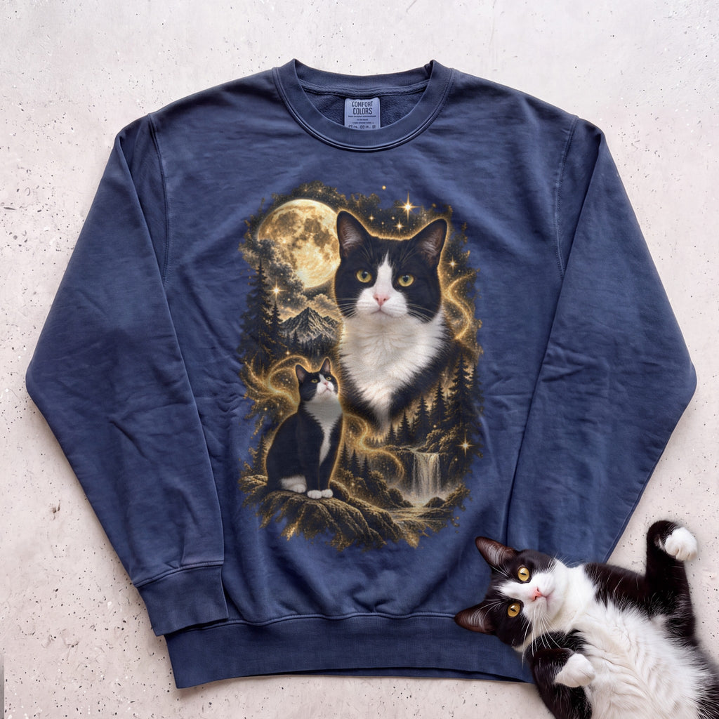 Cat Personalized Moon Sweatshirt —Custom Cat with Full Moon Graphic - True Navy