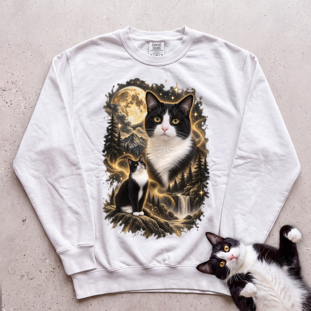 Cat Personalized Moon Sweatshirt —Custom Cat with Full Moon Graphic - White
