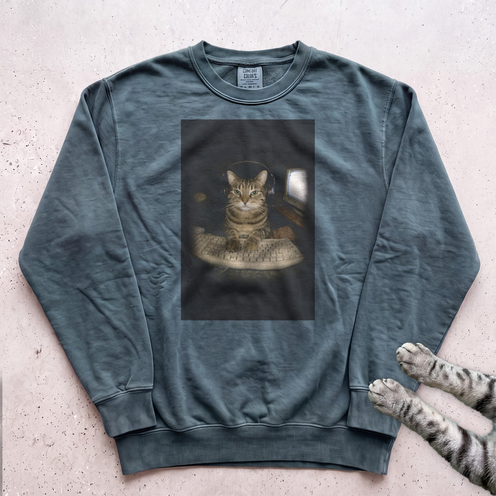 Cat Playing in Computer Sweatshirt - Blue Spruce