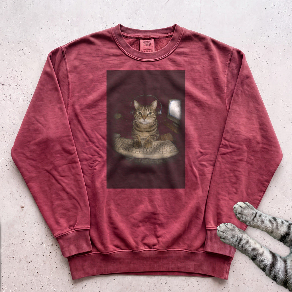 Cat Playing in Computer Sweatshirt - Crimson