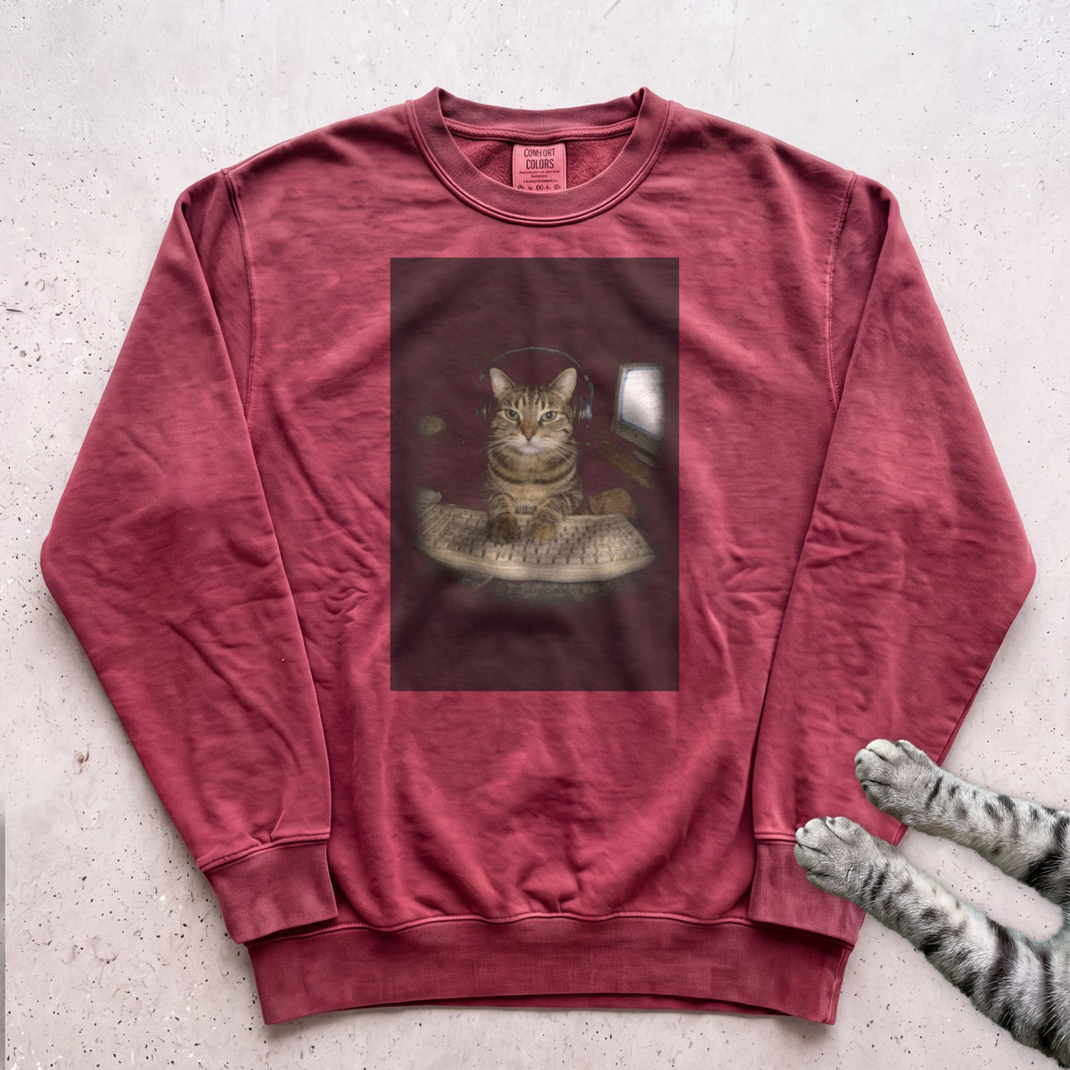 Cat Playing in Computer Sweatshirt - Crimson