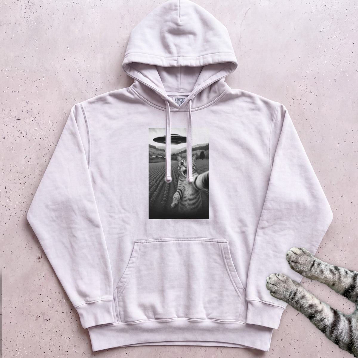 Cat Selfie with UFO Hoodie - White
