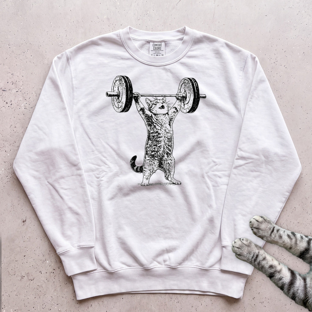 Weightlifter Cat Sweatshirt - White