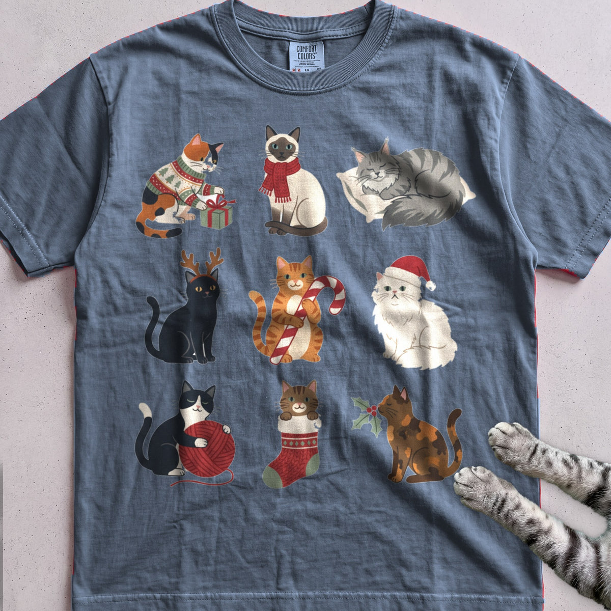 Catmas Gathering Cat T-Shirt - Blue Jean