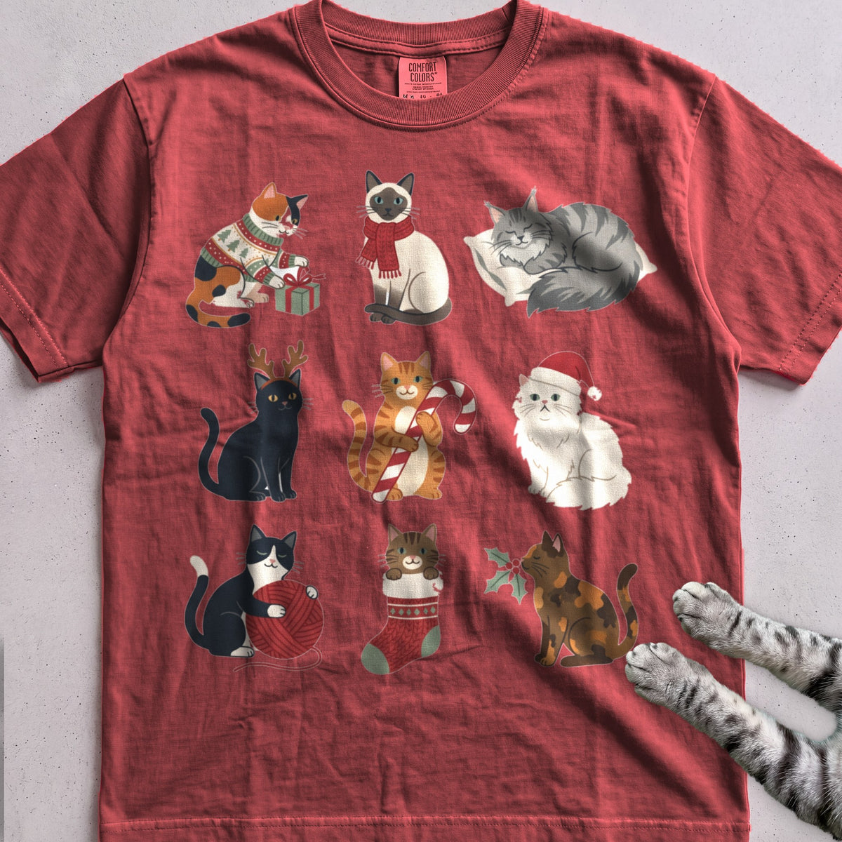 Catmas Gathering Cat T-Shirt - Crimson