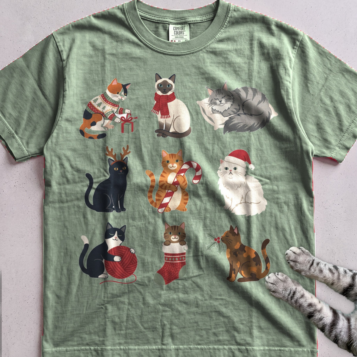 Catmas Gathering Cat T-Shirt - Light Green