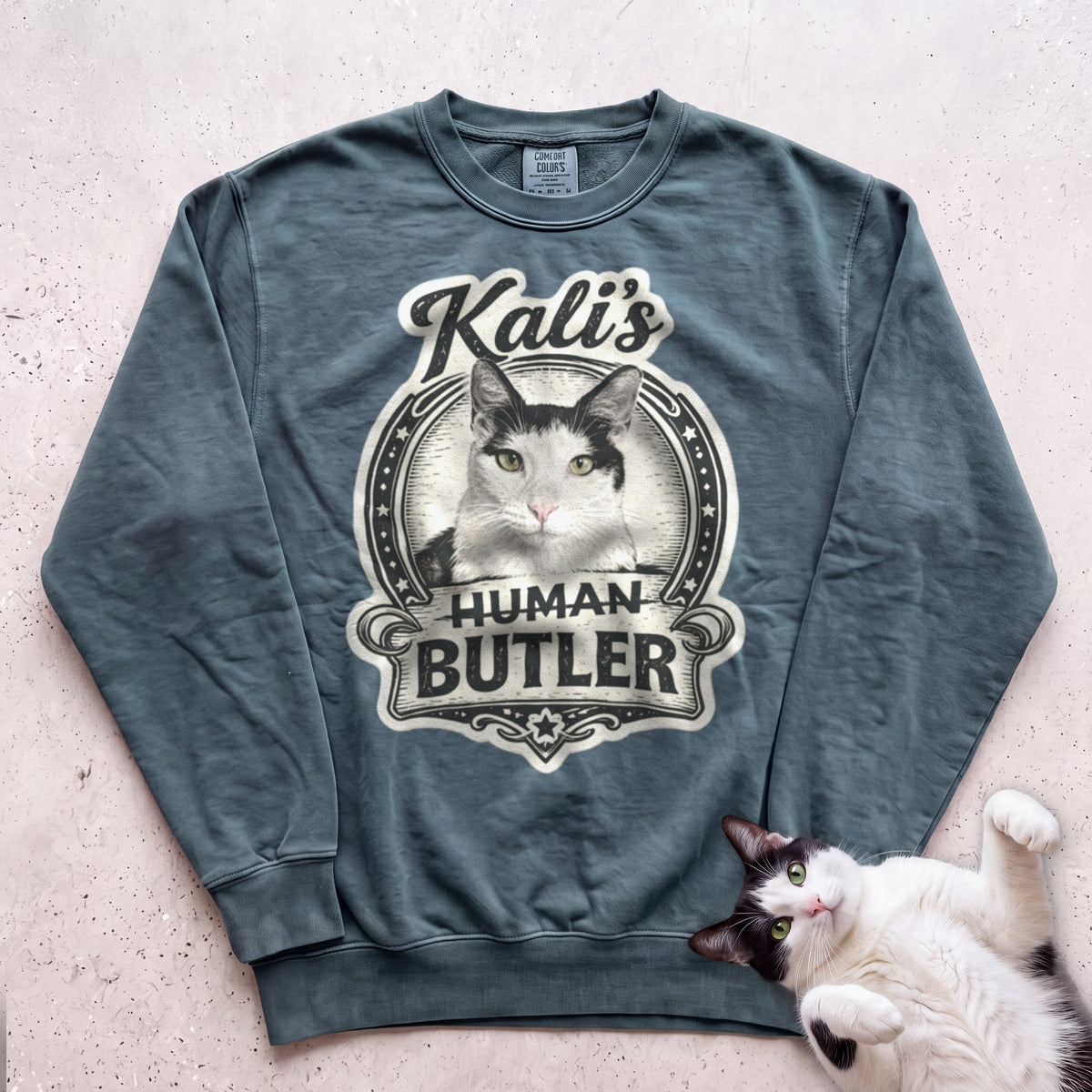 Cat's Human Butler Personalized Custom Sweatshirt - Blue Spruce