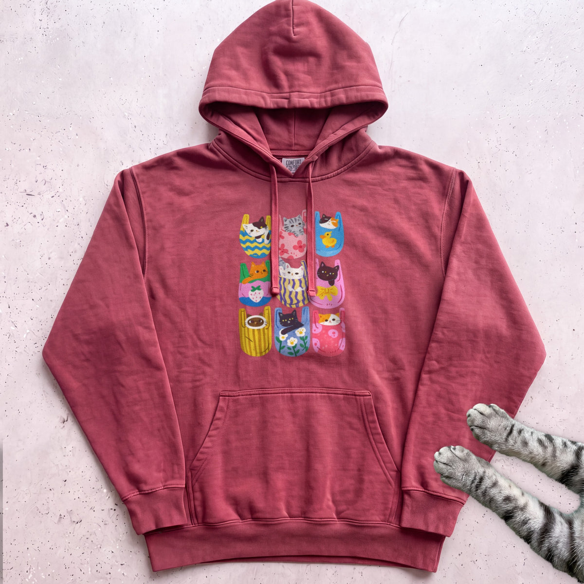 Cats In Pockets Graphic Hoodie — Cute Colorful Print - Crimson