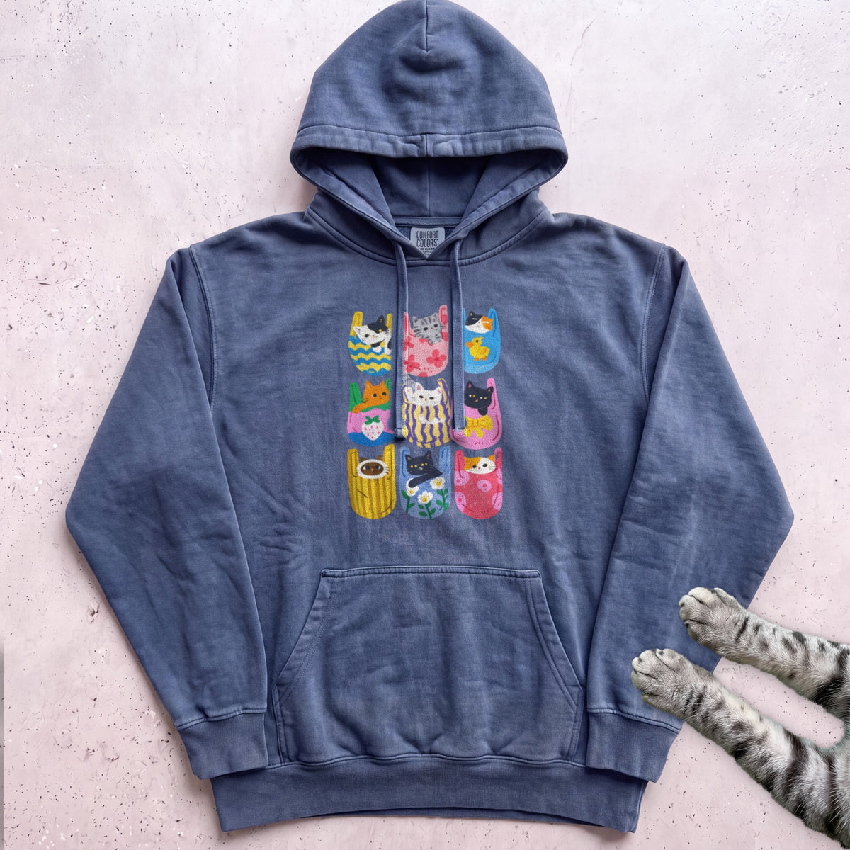 Cats In Pockets Graphic Hoodie — Cute Colorful Print - Denim