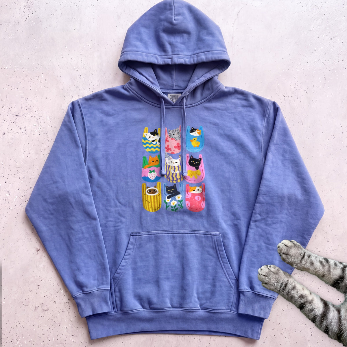 Cats In Pockets Graphic Hoodie — Cute Colorful Print - Flo Blue