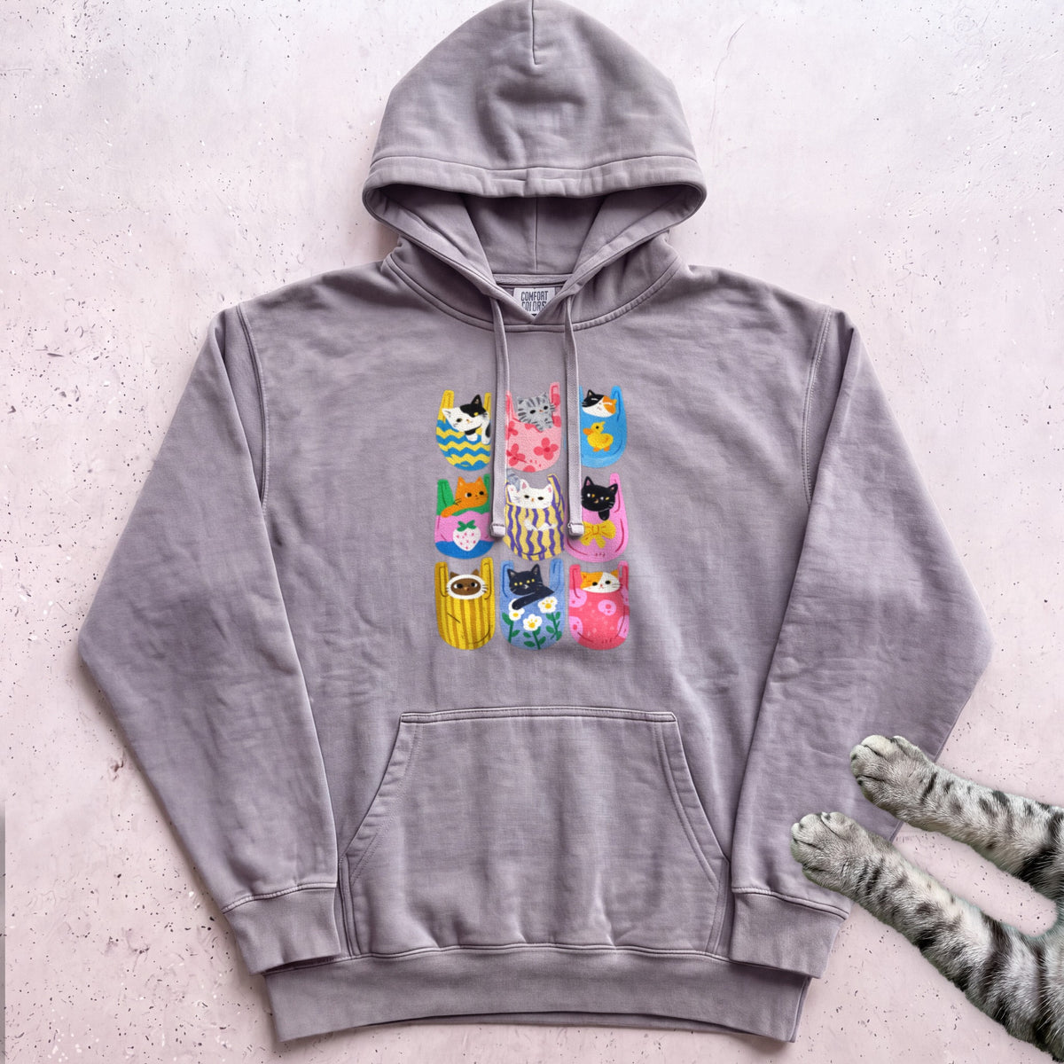 Cats In Pockets Graphic Hoodie — Cute Colorful Print - Grey