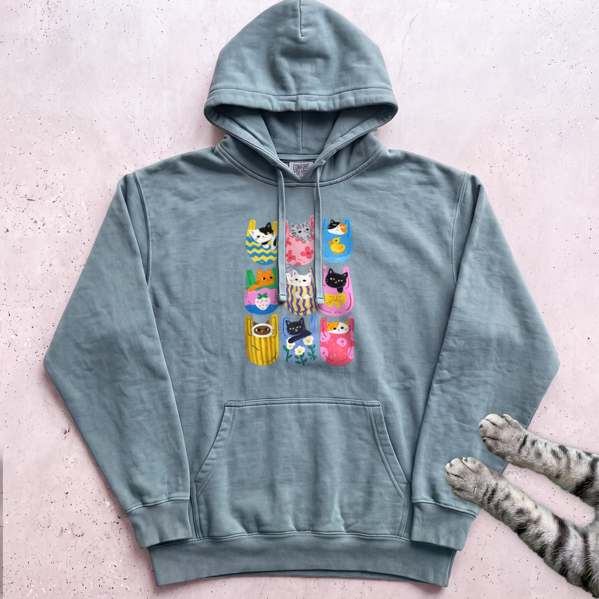 Cats In Pockets Graphic Hoodie — Cute Colorful Print - Seafoam