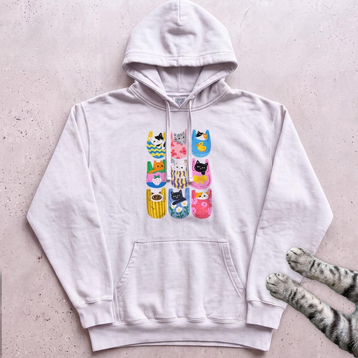 Cats In Pockets Graphic Hoodie — Cute Colorful Print - White