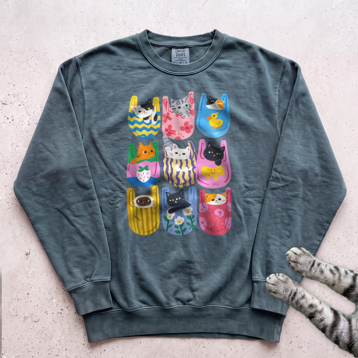 Cats In Pockets Graphic Sweatshirt — Cute Colorful Print - Blue Spruce