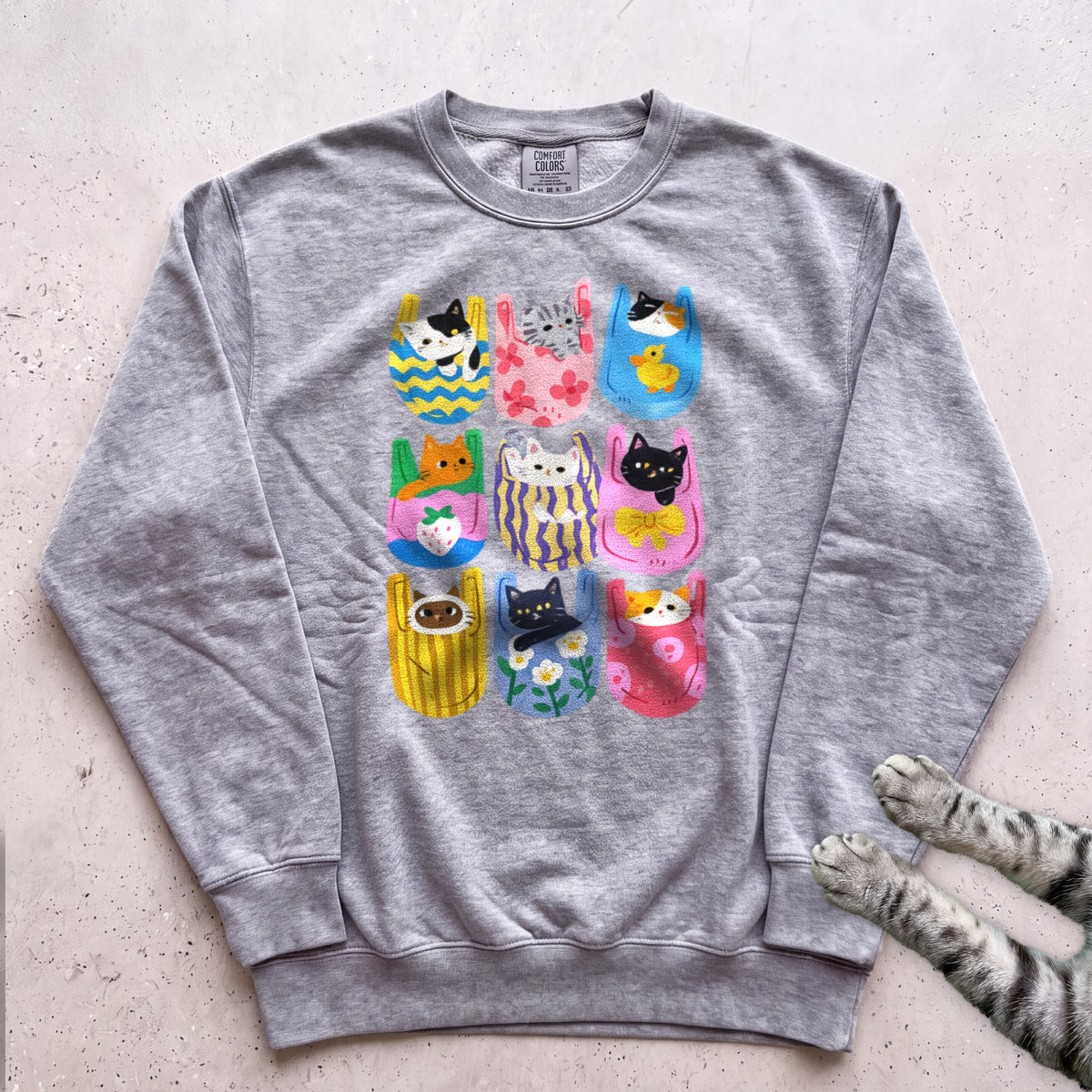Cats In Pockets Graphic Sweatshirt — Cute Colorful Print - Grey