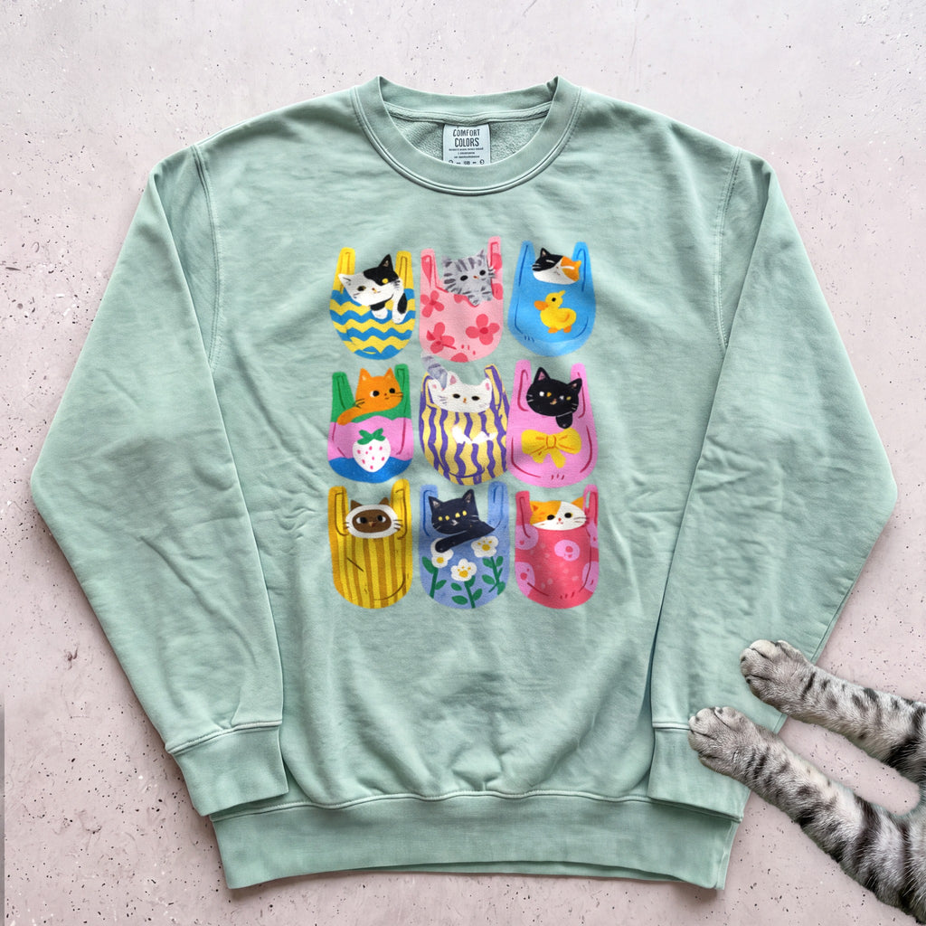 Cats In Pockets Graphic Sweatshirt — Cute Colorful Print - Light Green