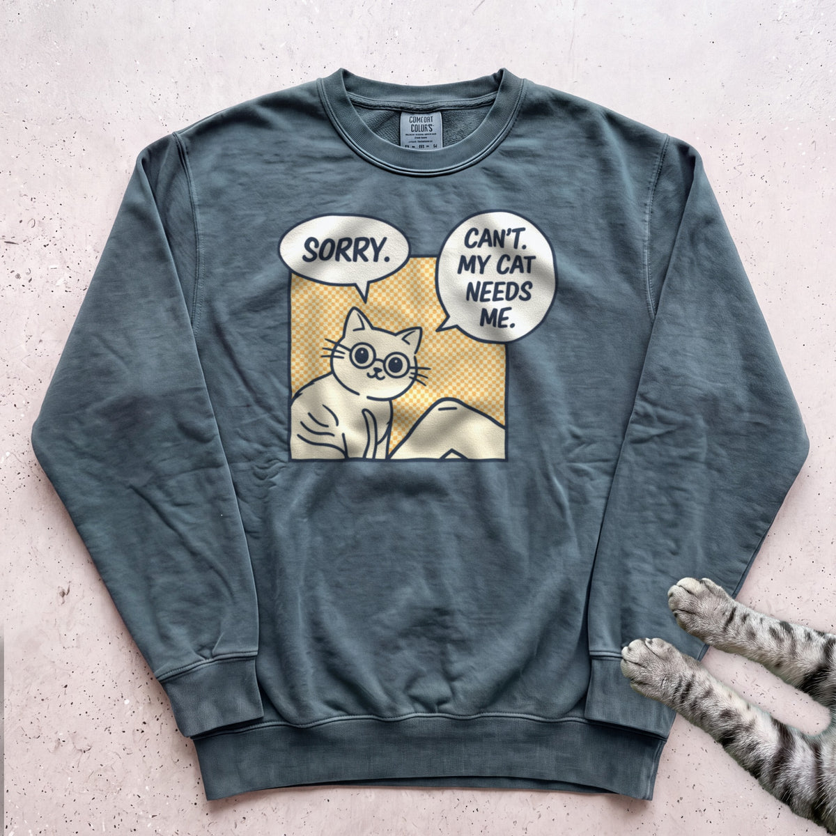 Comic Cat Sweatshirt - Blue Spruce