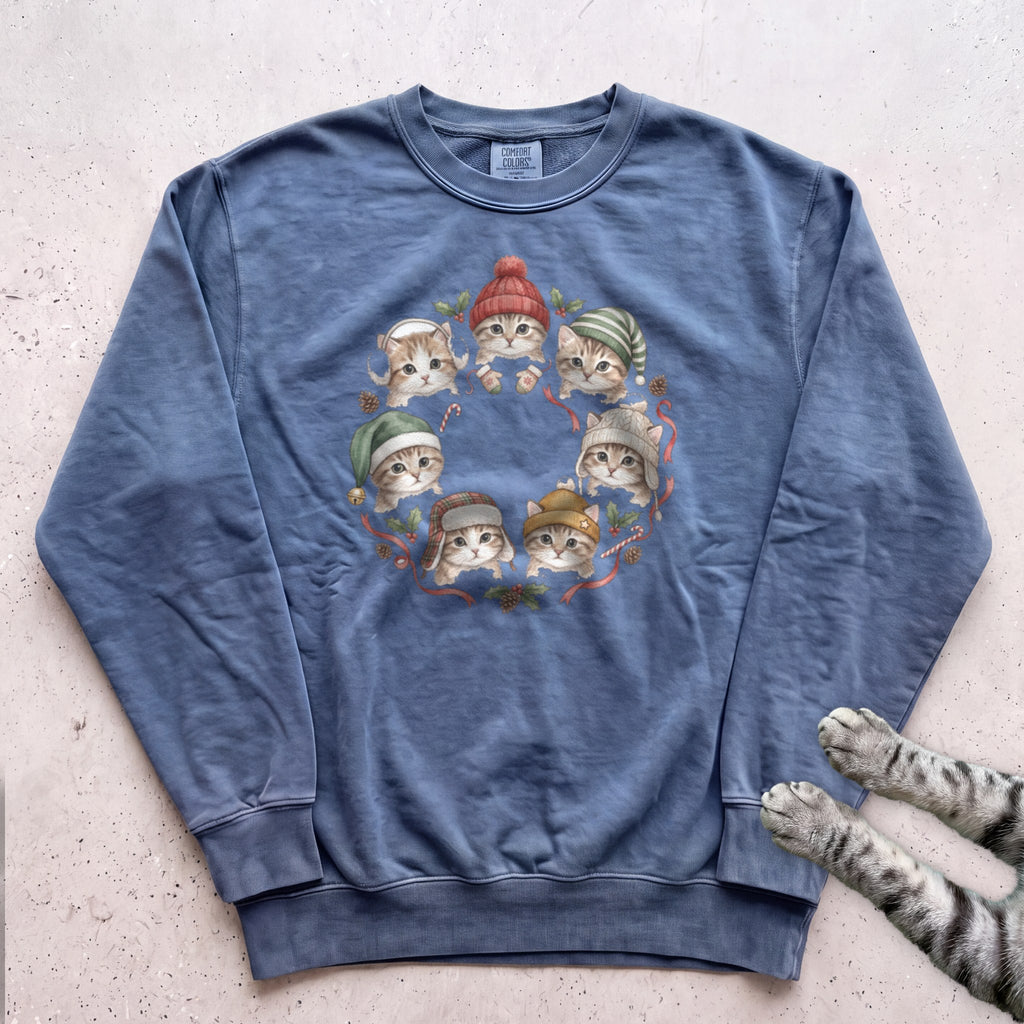 Cozy Hat Kittens Sweatshirt - Blue Jean