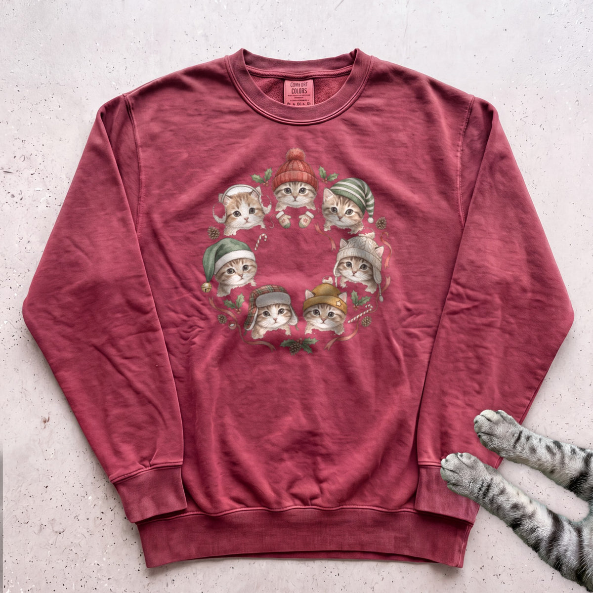 Cozy Hat Kittens Sweatshirt - Crimson