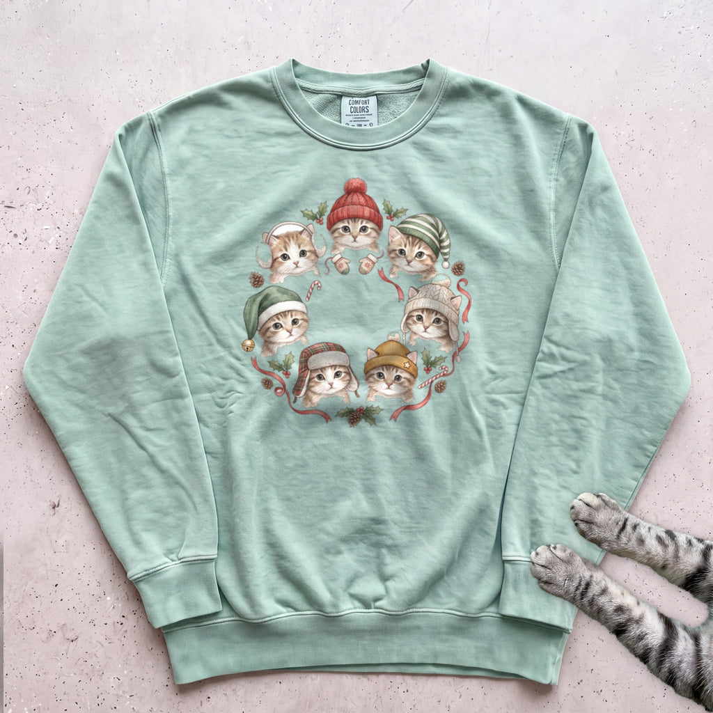 Cozy Hat Kittens Sweatshirt - Light Green