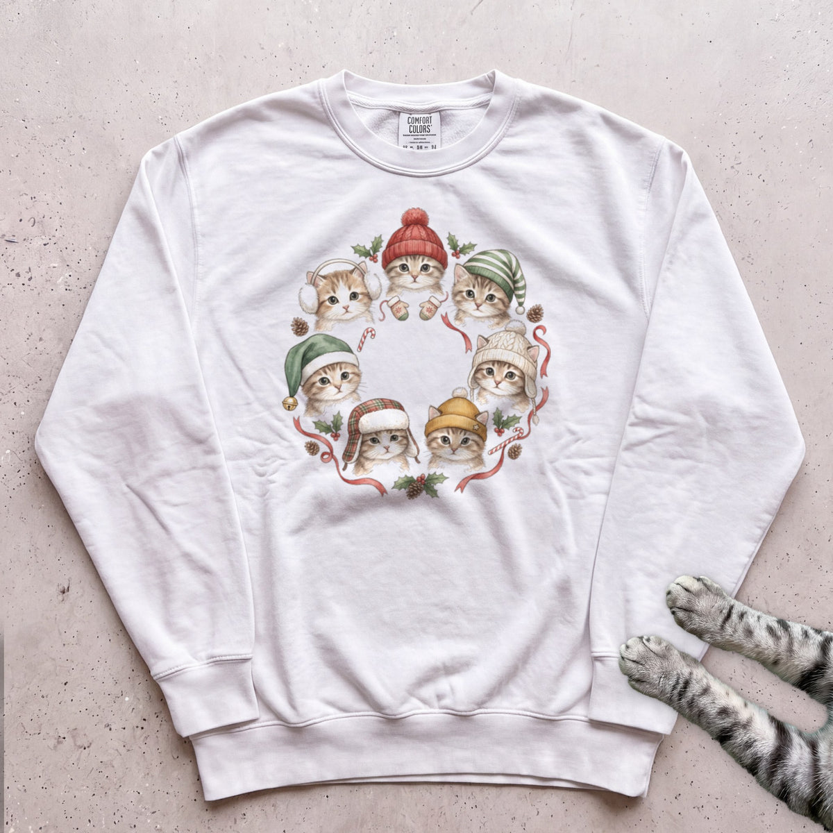 Cozy Hat Kittens Sweatshirt - White