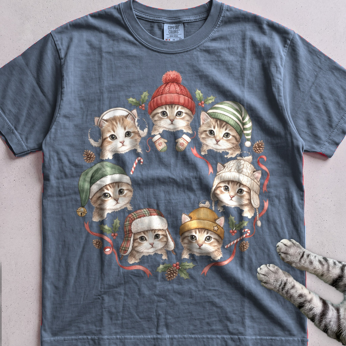 Cozy Hat Kittens T-Shirt - Blue Jean