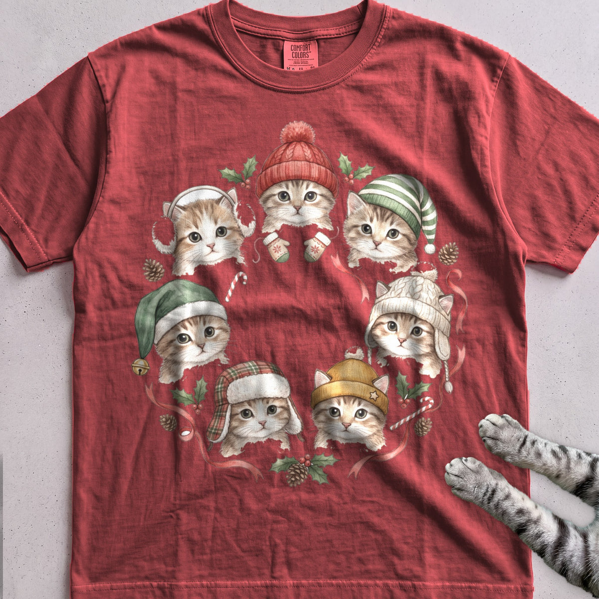 Cozy Hat Kittens T-Shirt - Crimson