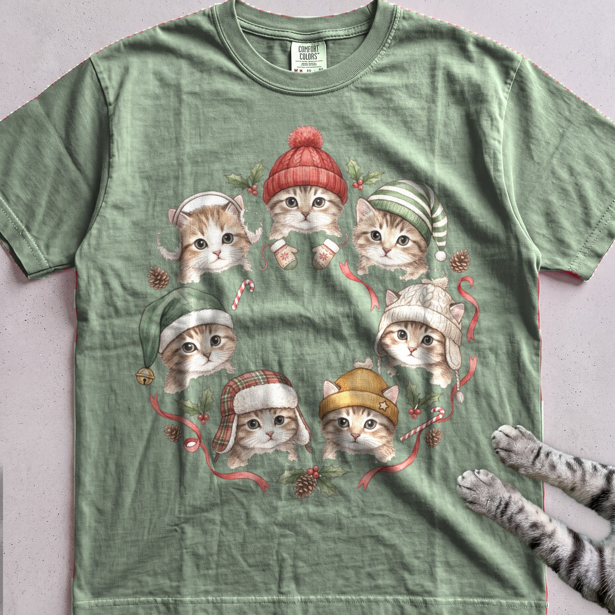 Cozy Hat Kittens T-Shirt - Light Green