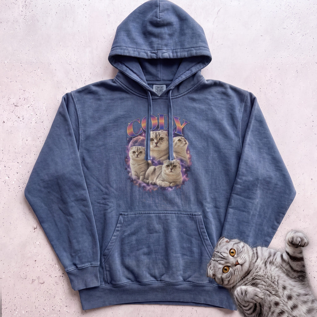 Custom Cat Graphic Hoodie — Retro Portraits Personalized Cat - Denim