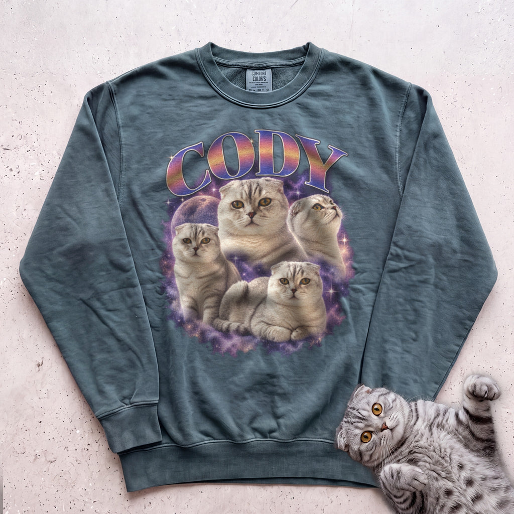 Custom Cat Graphic Sweatshirt — Retro Portraits Personalized Cat - Blue Spruce