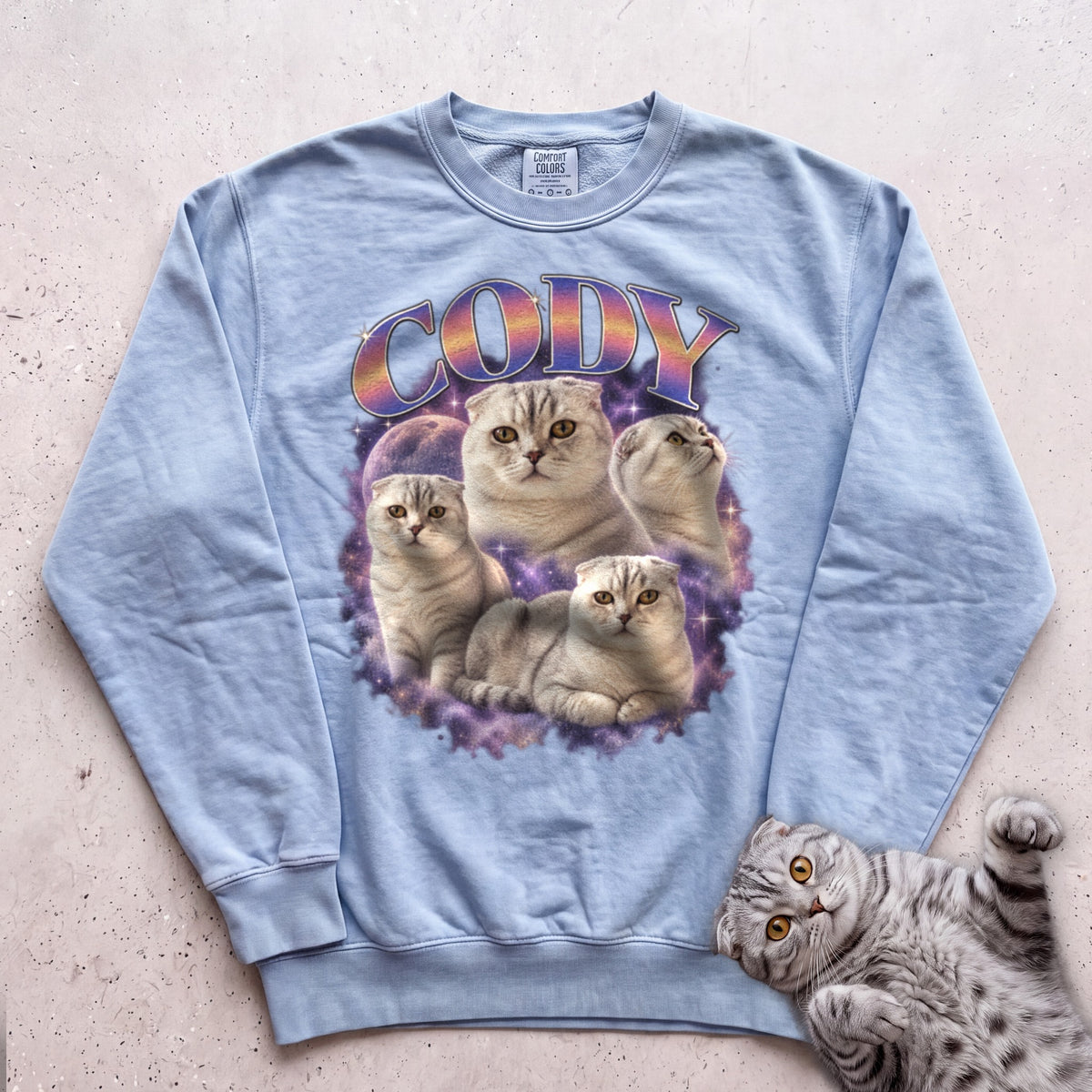 Custom Cat Graphic Sweatshirt — Retro Portraits Personalized Cat - Chambray