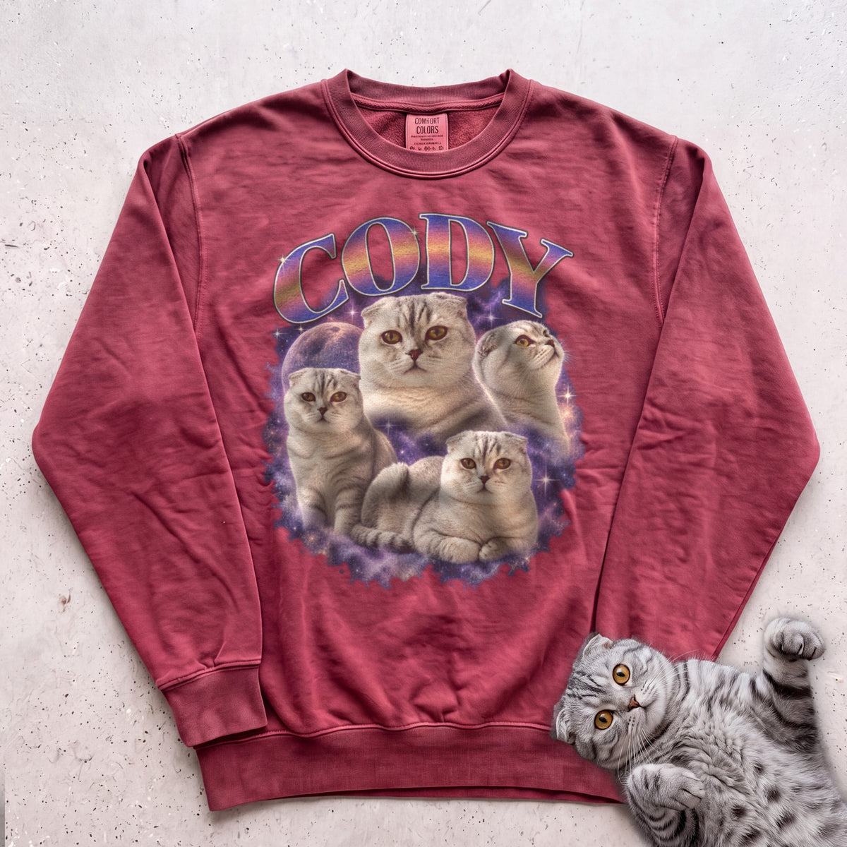 Custom Cat Graphic Sweatshirt — Retro Portraits Personalized Cat - Crimson