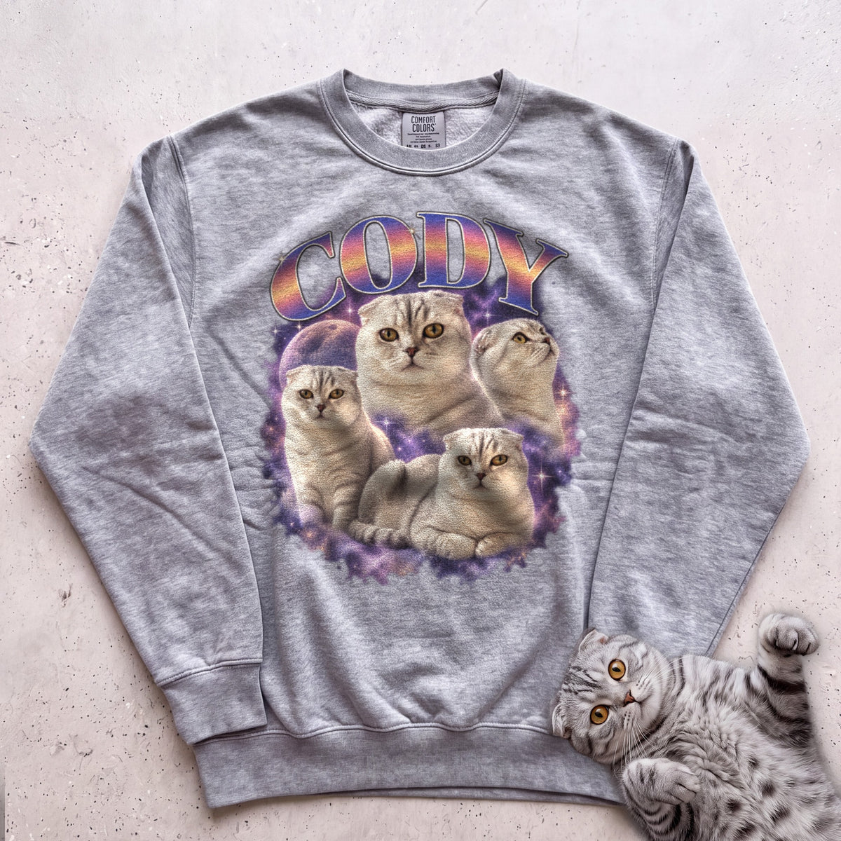 Custom Cat Graphic Sweatshirt — Retro Portraits Personalized Cat - Grey