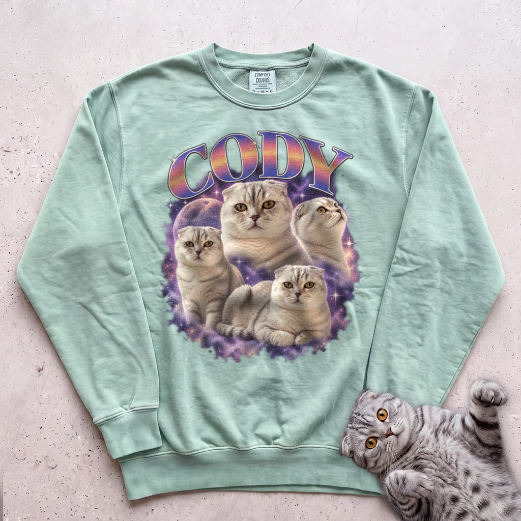 Custom Cat Graphic Sweatshirt — Retro Portraits Personalized Cat - Light Green