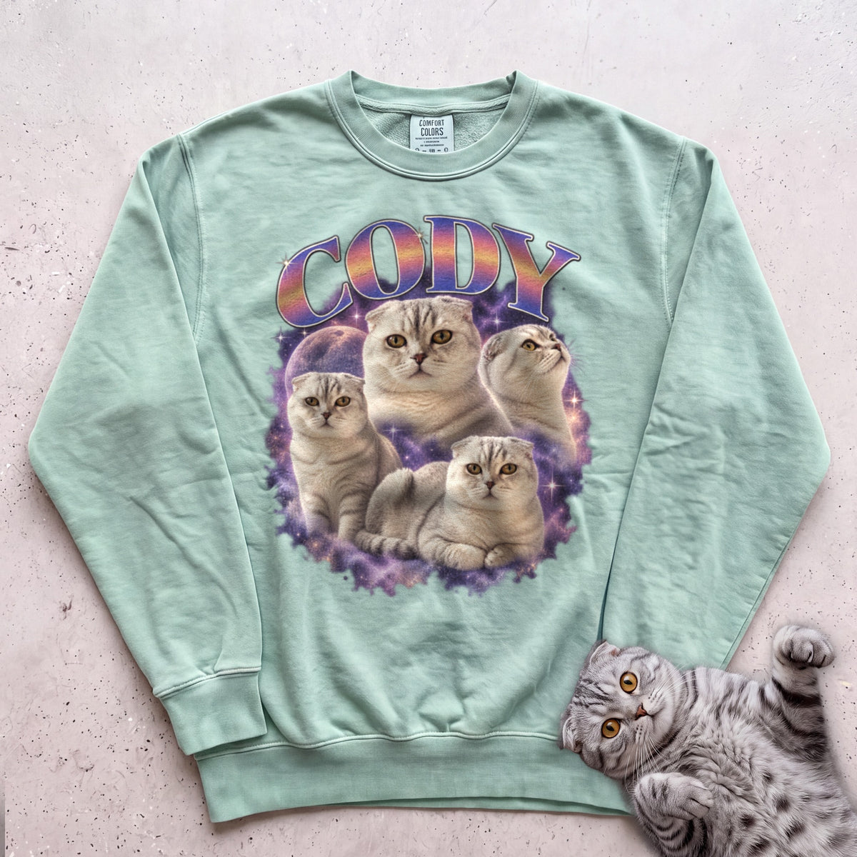 Custom Cat Graphic Sweatshirt — Retro Portraits Personalized Cat - Light Green