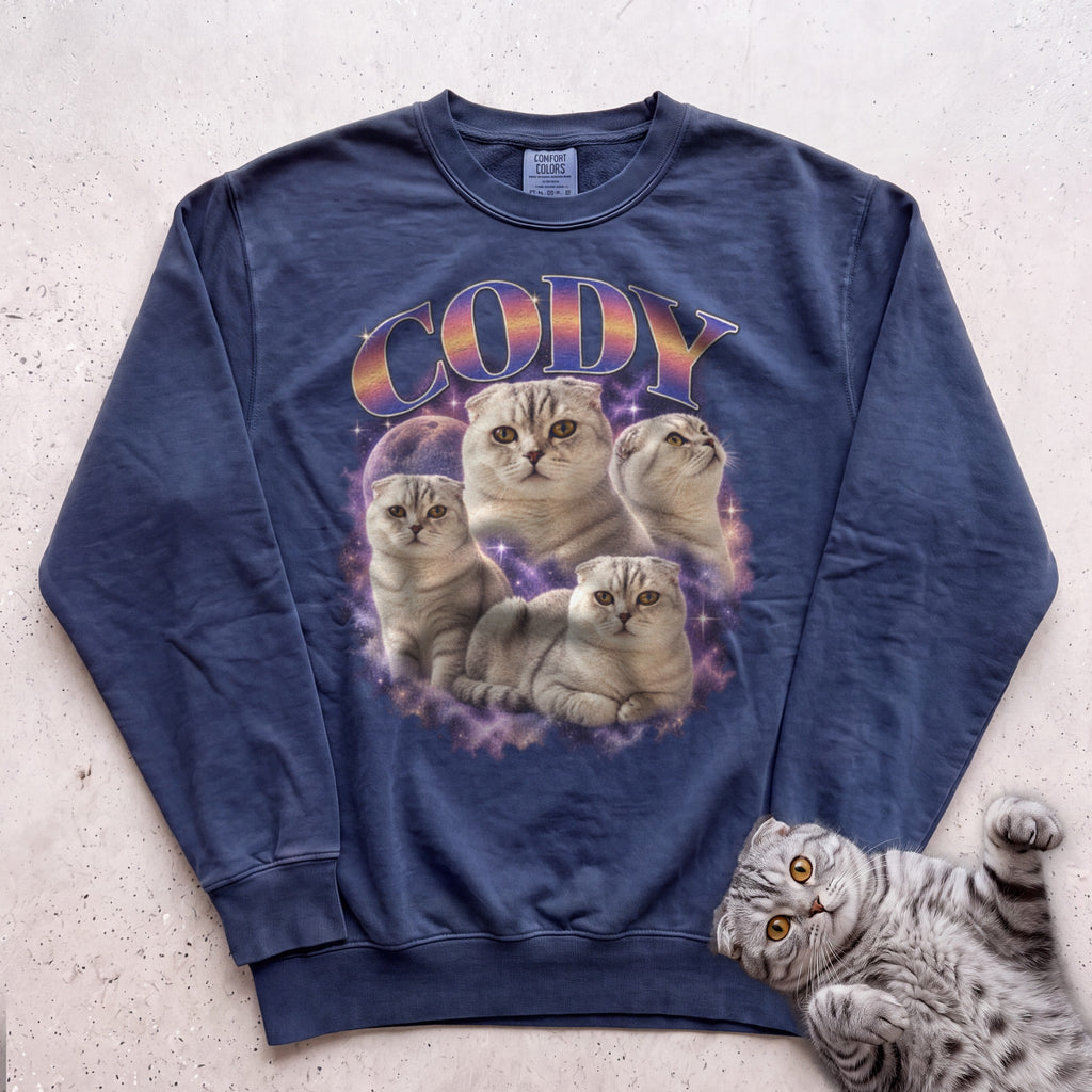 Custom Cat Graphic Sweatshirt — Retro Portraits Personalized Cat - True Navy