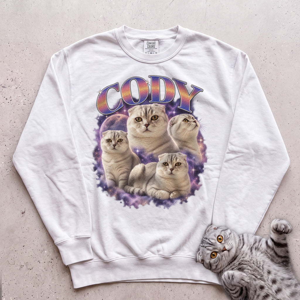 Custom Cat Graphic Sweatshirt — Retro Portraits Personalized Cat - White