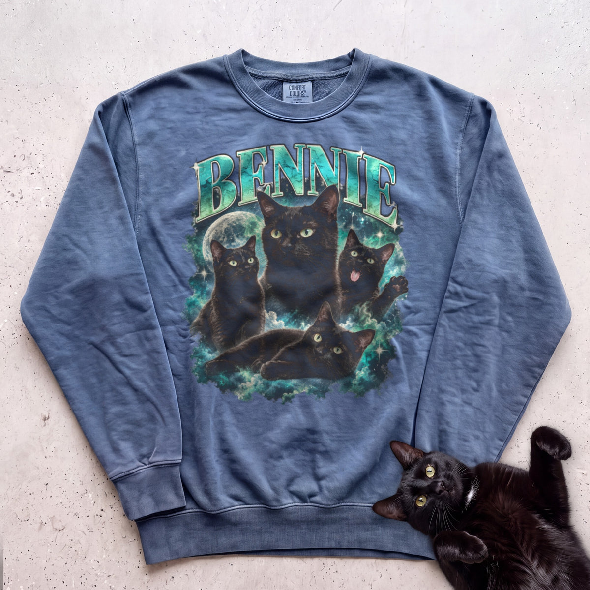 Custom Cat Portrait Sweatshirt — Personalized Cat Moon Graphic Sweatshirt - Blue Jean