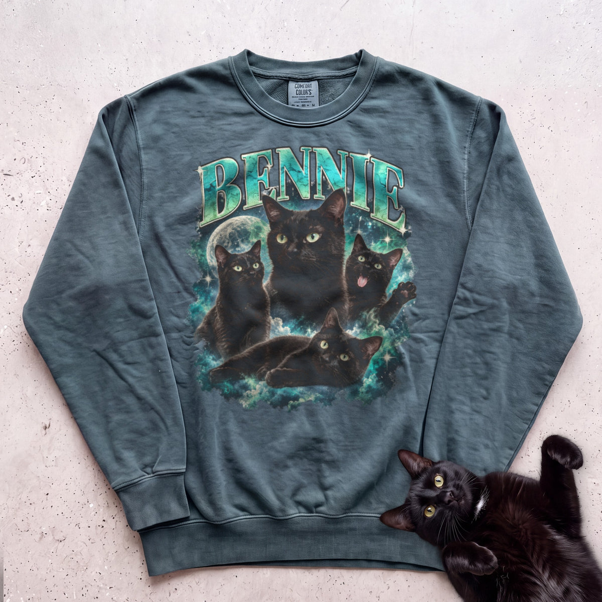 Custom Cat Portrait Sweatshirt — Personalized Cat Moon Graphic Sweatshirt - Blue Spruce
