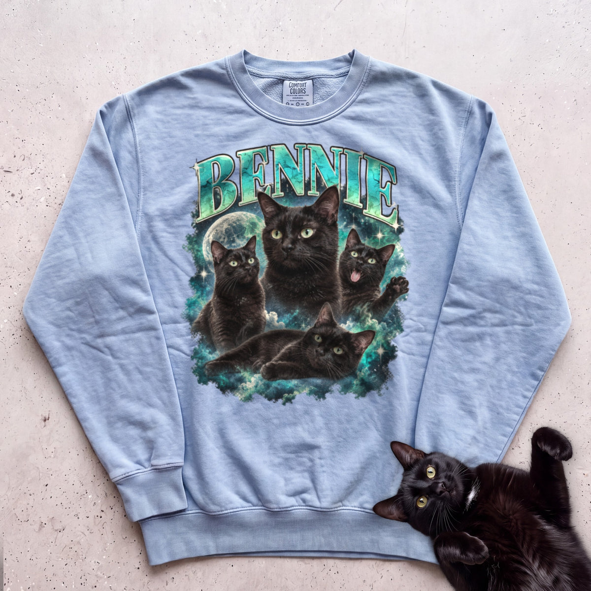 Custom Cat Portrait Sweatshirt — Personalized Cat Moon Graphic Sweatshirt - Chambray