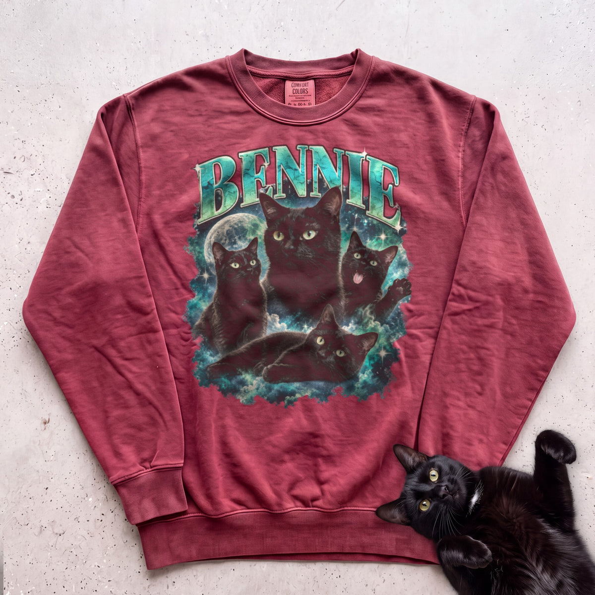 Custom Cat Portrait Sweatshirt — Personalized Cat Moon Graphic Sweatshirt - Crimson