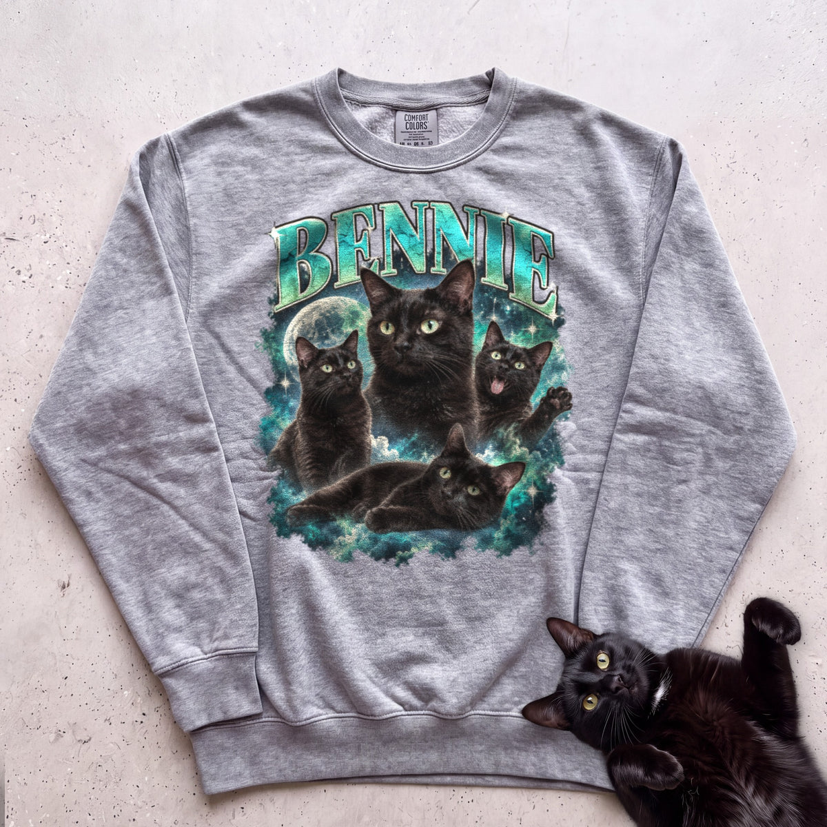 Custom Cat Portrait Sweatshirt — Personalized Cat Moon Graphic Sweatshirt - Grey