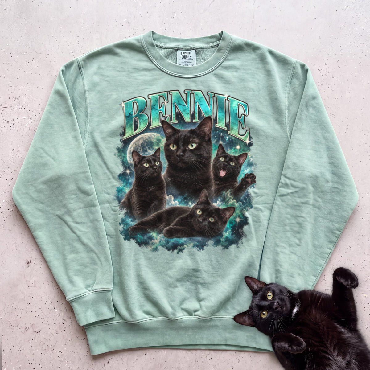 Custom Cat Portrait Sweatshirt — Personalized Cat Moon Graphic Sweatshirt - Light Green