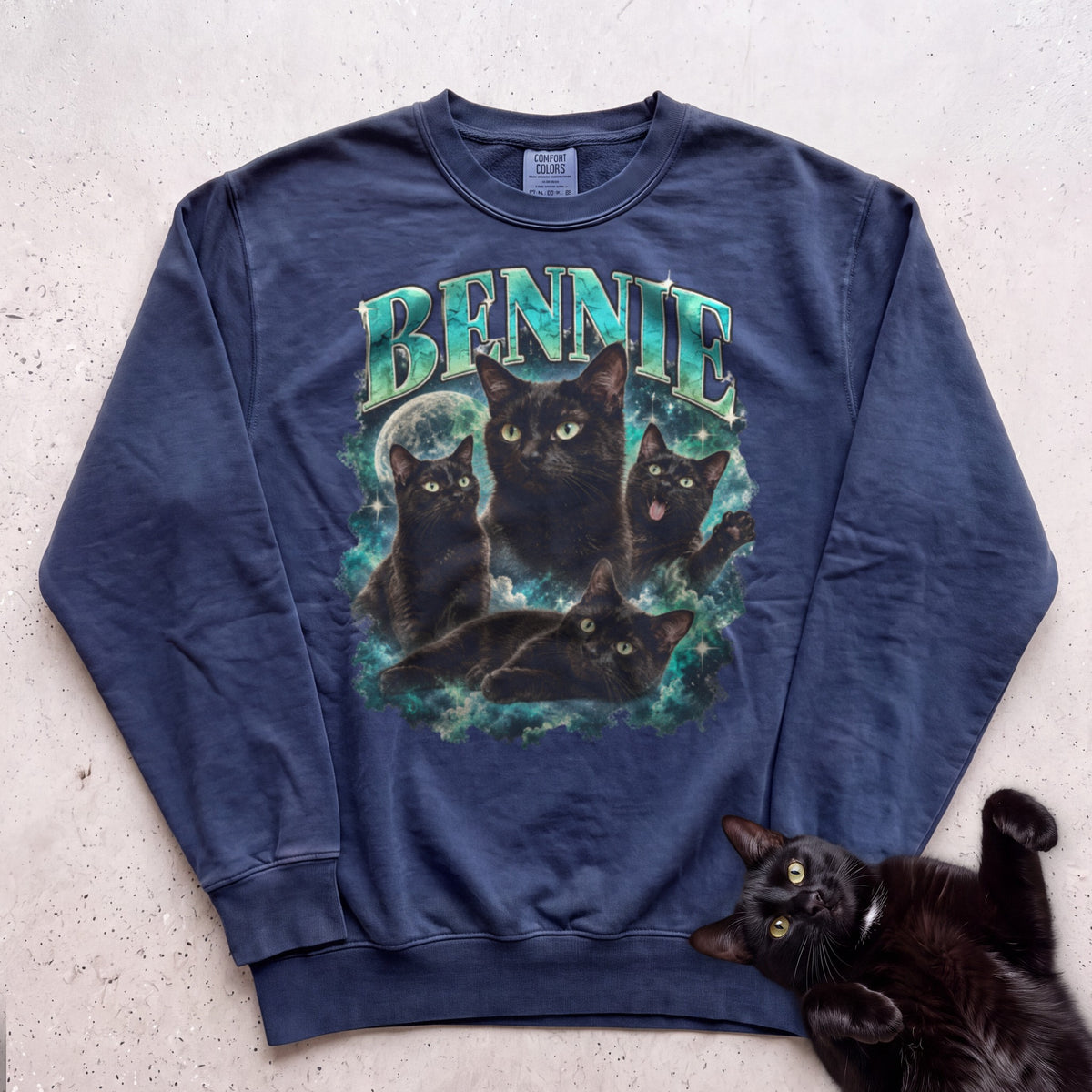 Custom Cat Portrait Sweatshirt — Personalized Cat Moon Graphic Sweatshirt - True Navy