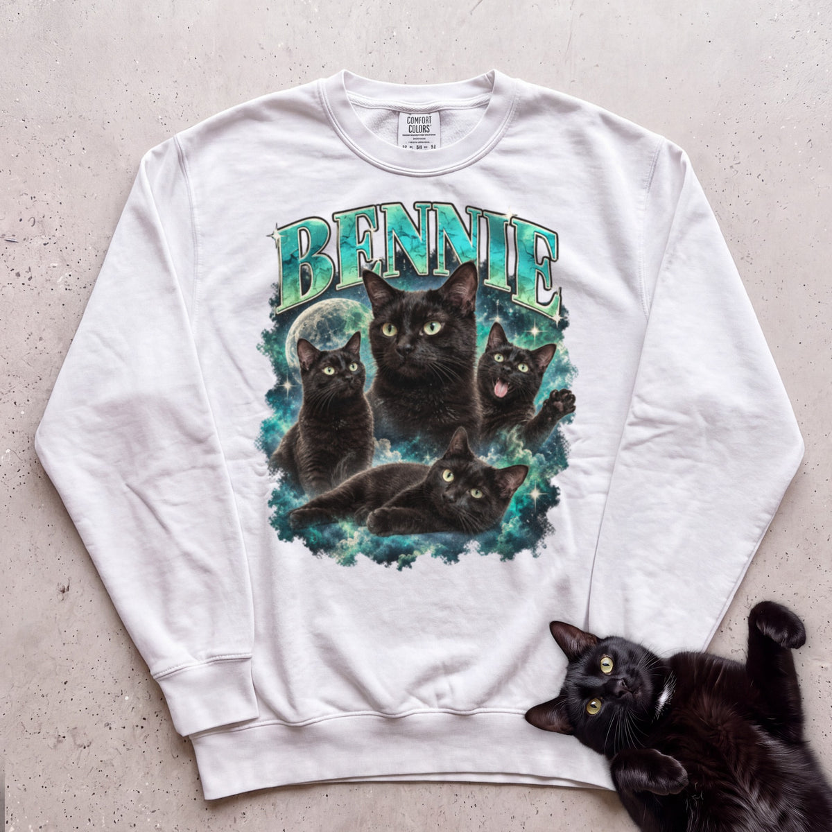 Custom Cat Portrait Sweatshirt — Personalized Cat Moon Graphic Sweatshirt - White