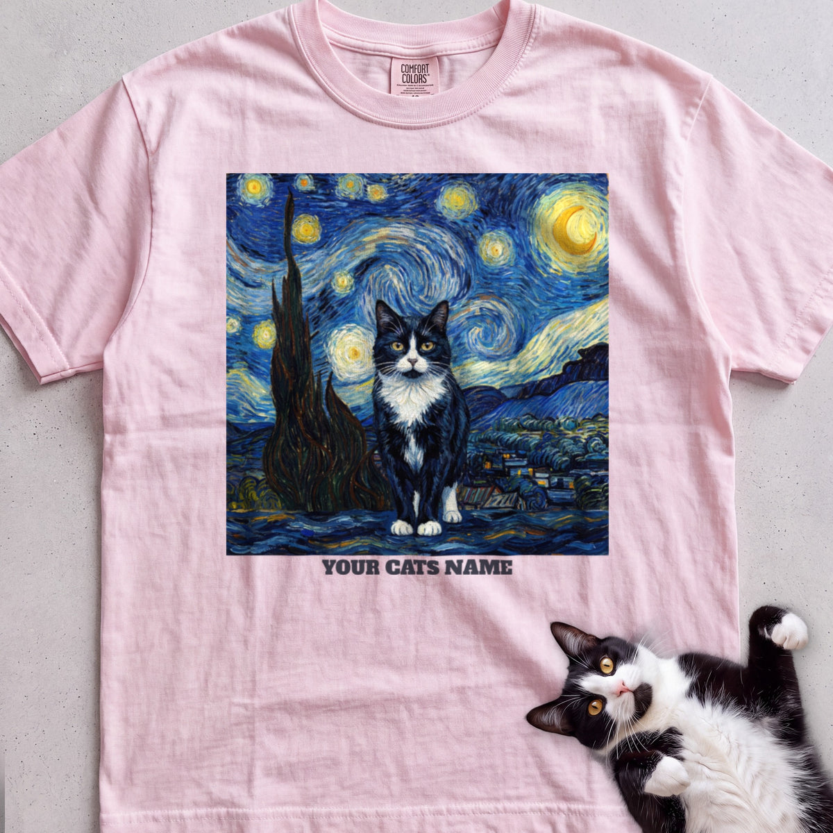 Personalized Starry Night Cat tee, Light Pink, with matching cat
