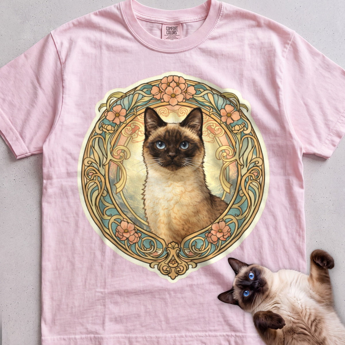 Art Nouveau Cat Portrait Personalized tee, Light Pink, with matching cat