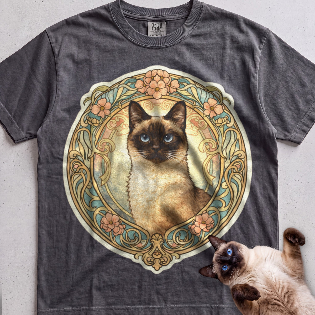 Art Nouveau Cat Portrait Personalized tee, Dark Heather, with matching cat